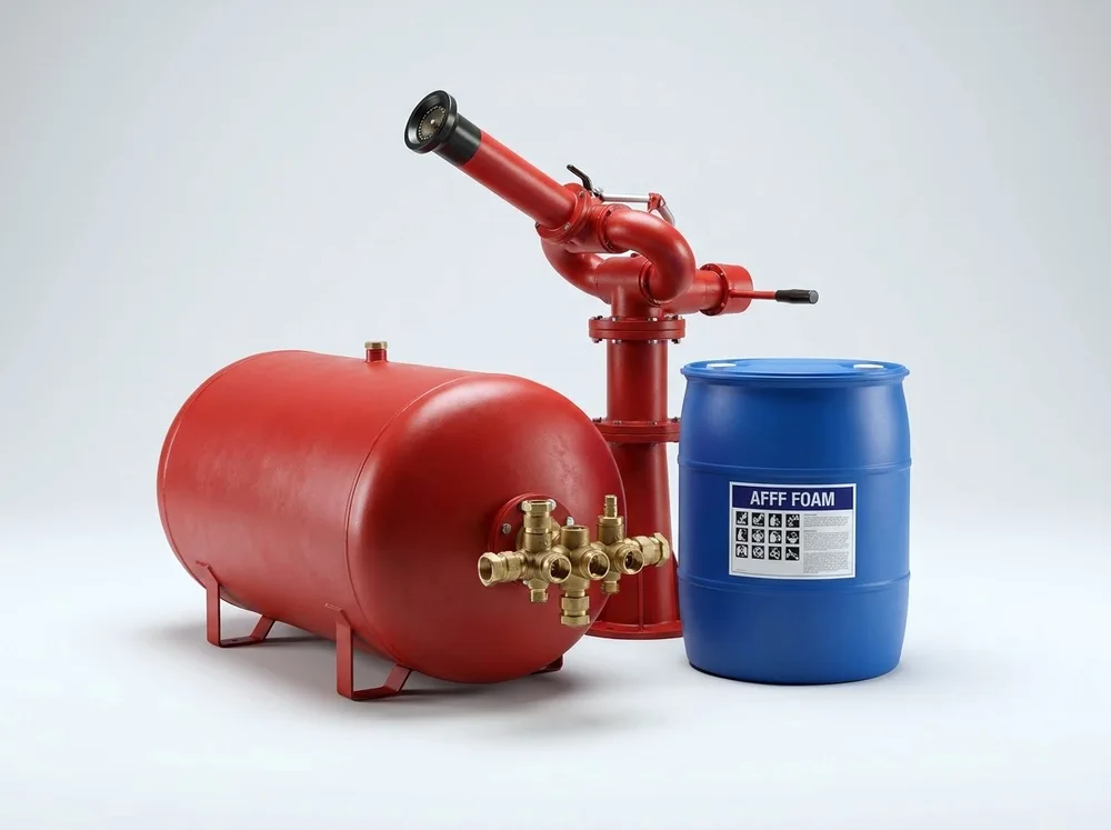 Red steel foam bladder tank with valve manifold