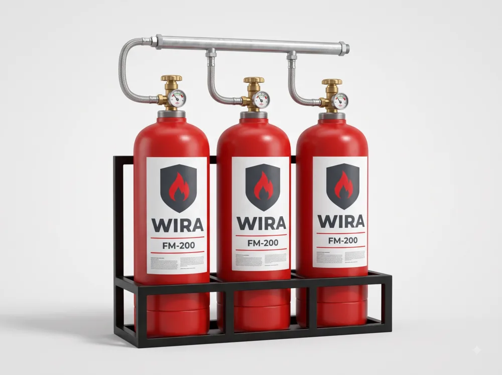 Bank of three red clean agent suppression cylinders manifolded together in a steel frame