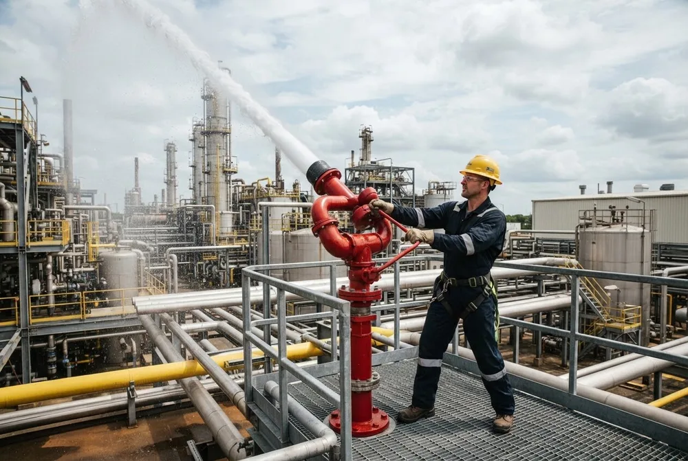 Technician working on a red firewater monitor